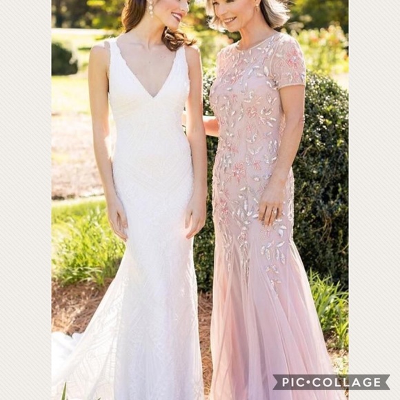 Adrianna Papell beaded short sleeve pink floral gown - Picture 2 of 15